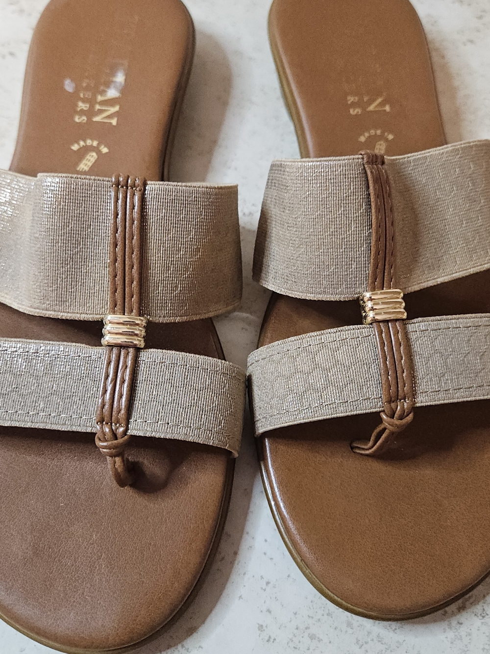 Italian Shoemakers Beige and Tan Slide Sandals with Elastic Straps